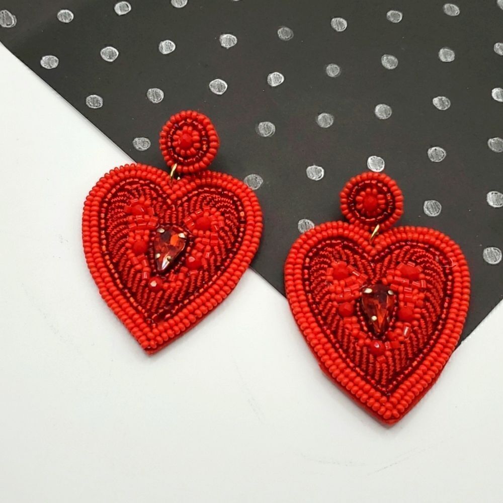 New Bling Red Heart Bead & Rhinestone Statement Earrings Valentines Christmas